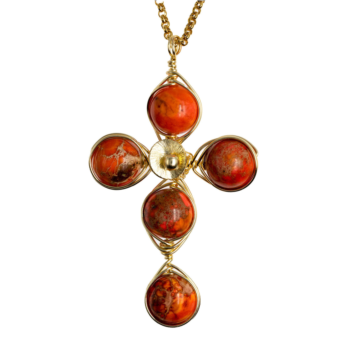 Stability Cross Pendant Necklace. Polished Orange Imperial Jasper Beads and Non Tarnish Gold color wire. Wired Wrapped Cross.