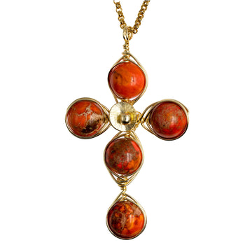 Stability Cross Pendant Necklace. Polished Orange Imperial Jasper Beads and Non Tarnish Gold color wire. Wired Wrapped Cross.