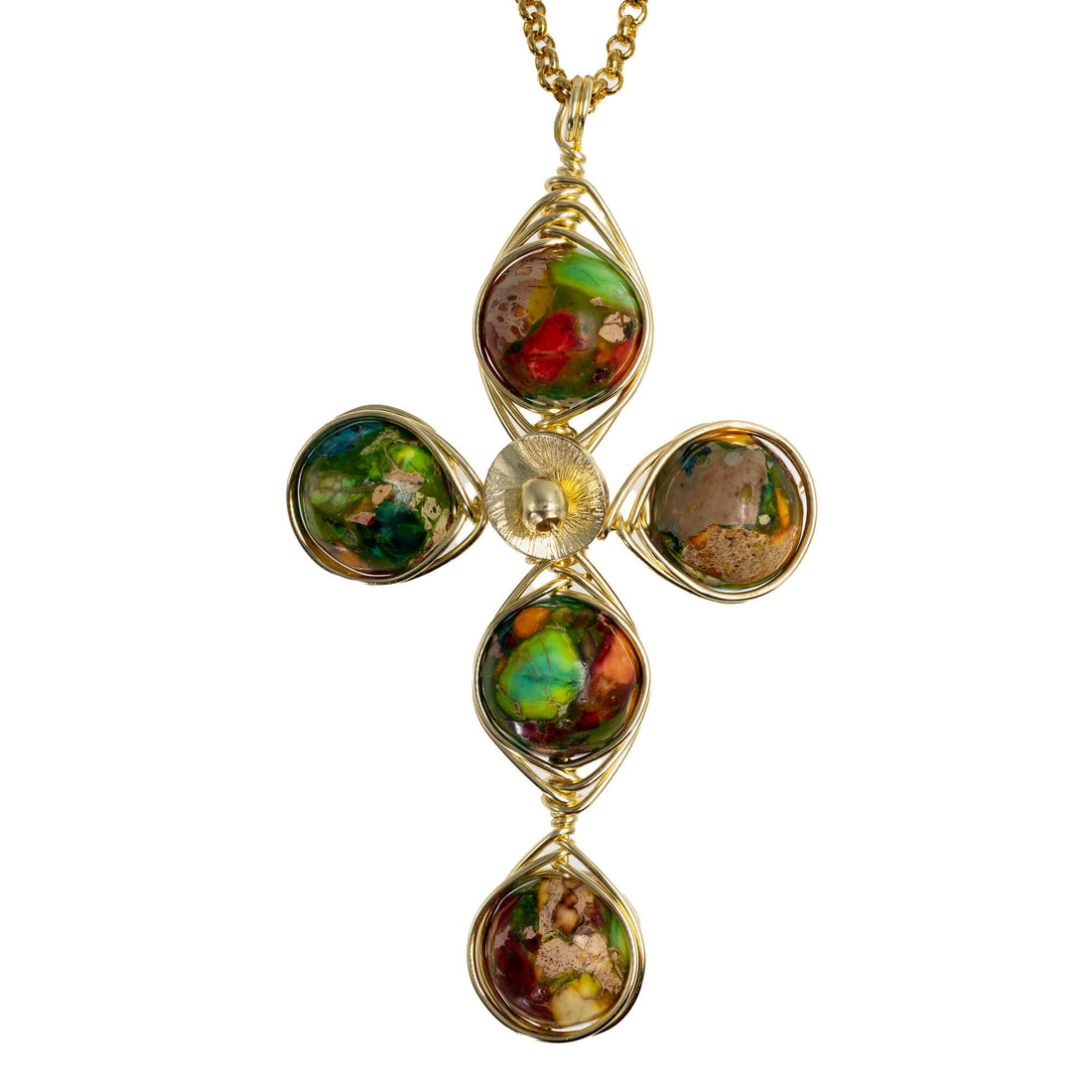 Stability Cross Pendant Necklace. Polished Rainbow Imperial Jasper Beads and Non Tarnish Gold color wire. Wired Wrapped Cross.