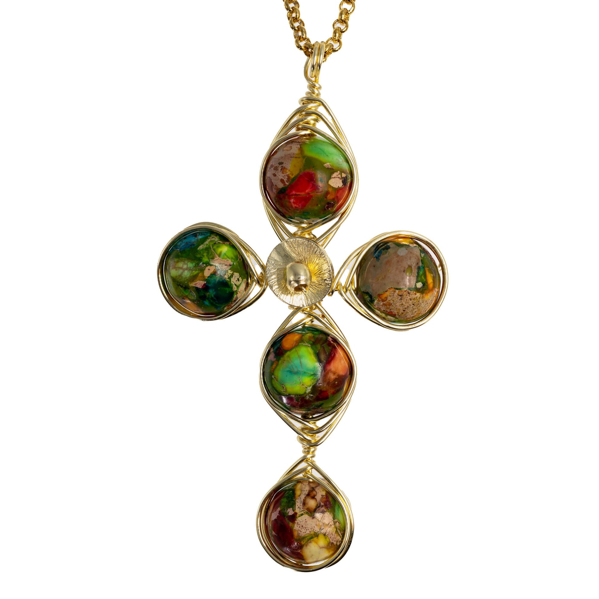 Stability Cross Pendant Necklace. Polished Rainbow Imperial Jasper Beads and Non Tarnish Gold color wire. Wired Wrapped Cross.