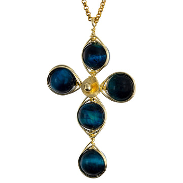 Encourage Cross Pendant Necklace is 2.5 inches long on a 16 inches 22K gold plated chain. Handmade with Non-tarnish gold plated wire and Polished Brown Tiger Eye Beads. Gold and Blue minimalist Wired Wrapped Cross.