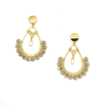 Gold Teardrop Earrings-Amara Earrings Silver- Stud dangle earrings. 2.75 inches long x 1.75 Wide. Handmade with Faceted Crystal beads 18K Gold-plated wire, and freshwater pearls. Wire Wrapped Earrings.