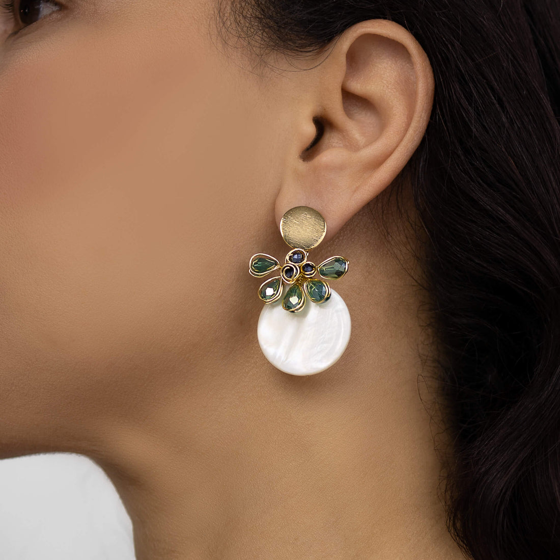 The grace Earrings are 1.5 inches long. Gold, White, Blue and Green earrings. These Beaded stud Earrings are Handmade with non-tarnish gold plated wire, Rice grain crystal beads, and a mother pearl disc. Simple Earrings.