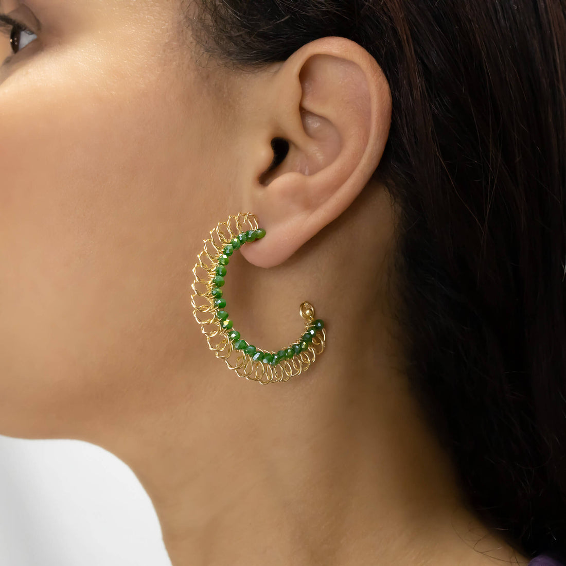Bari Hoop Earrings are 2 inches long, Gold and Green Earrings. Wire Wrapped Earrings. Gold Wire earrings. Handmade for women. Open hoop earrings.