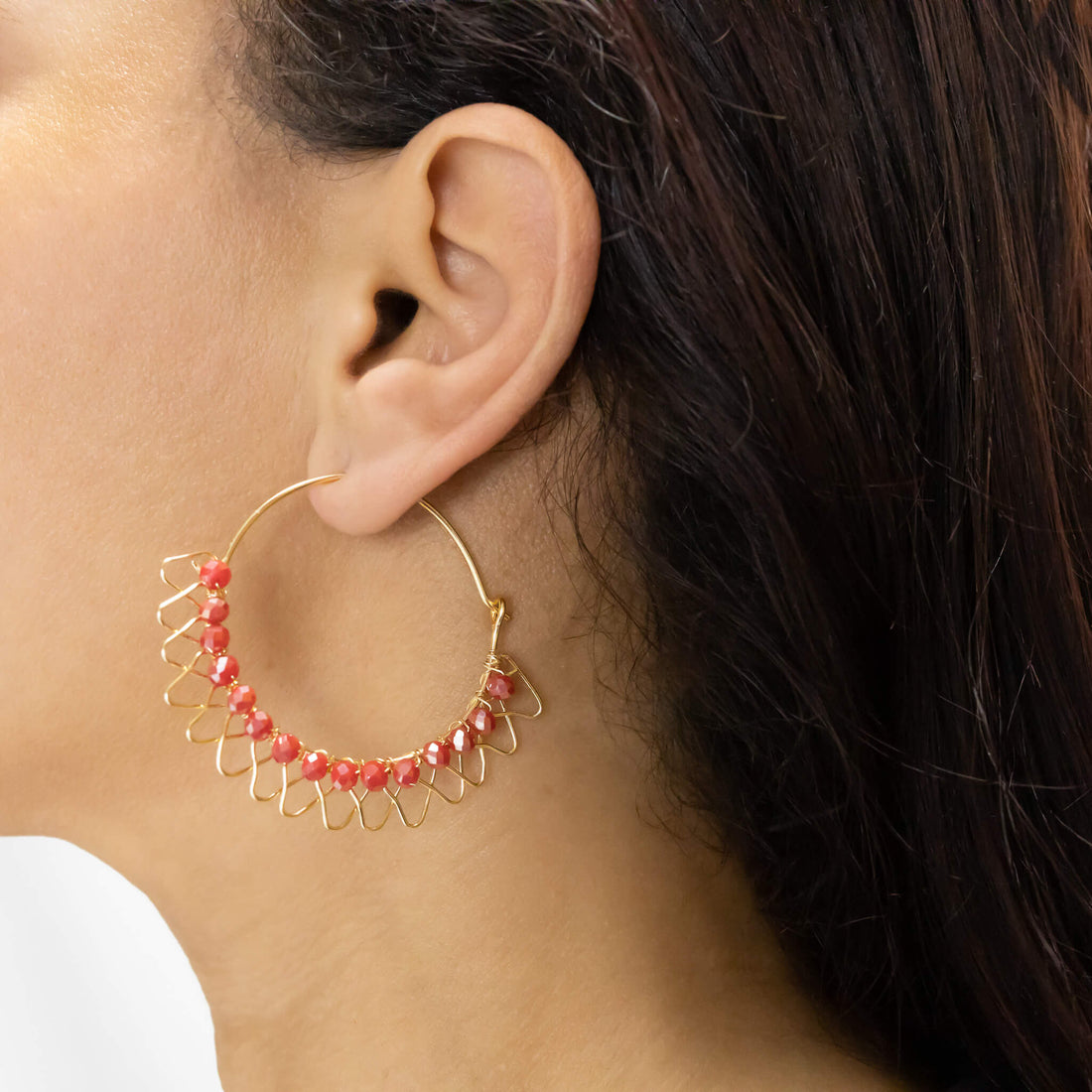 The padua Hoop Earrings are almost 2 inches long, Gold and red Earrings. Wire Wrapped Earrings. Gold Wire earrings. Handmade beaded hoop earrings.