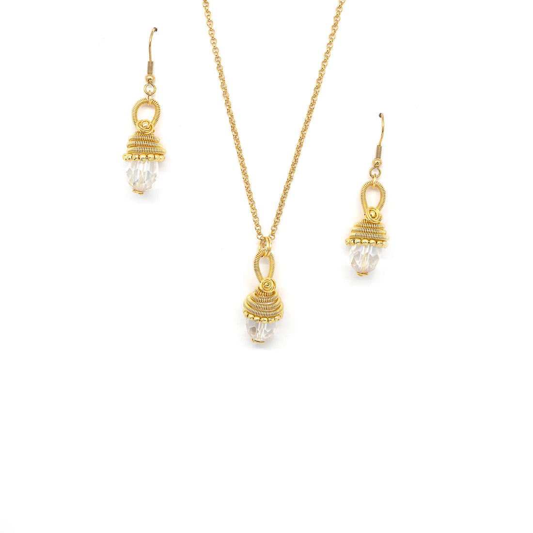 Lo9rena Necklace.-Earrings Set. Clear Crystals and Gold Set. 22K Gold Plated Chain.