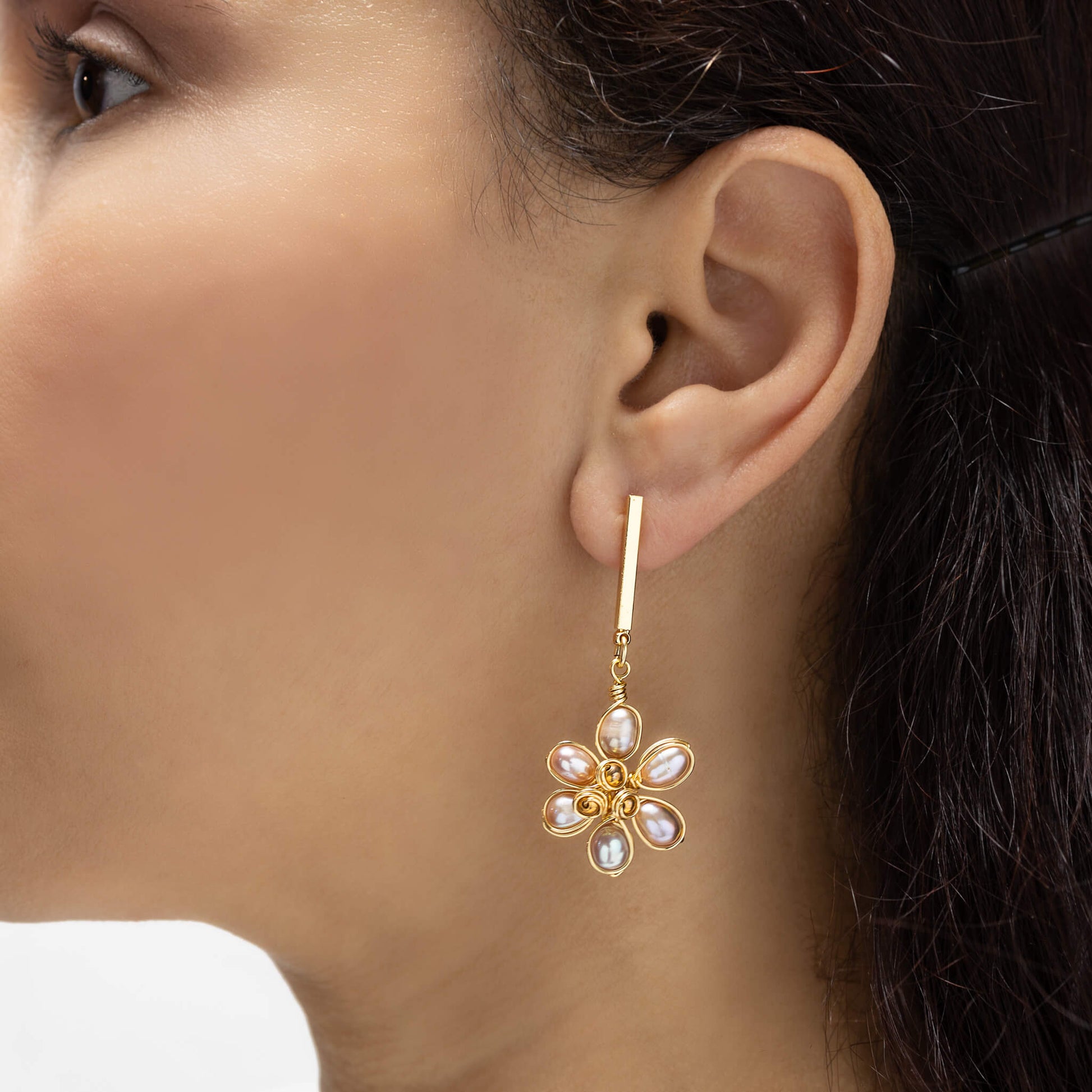 Sade II Earrings on a model. Gold Color Earrings with Fresh Water Pearls. Stud Earrings. Wire Wrapped Earrings