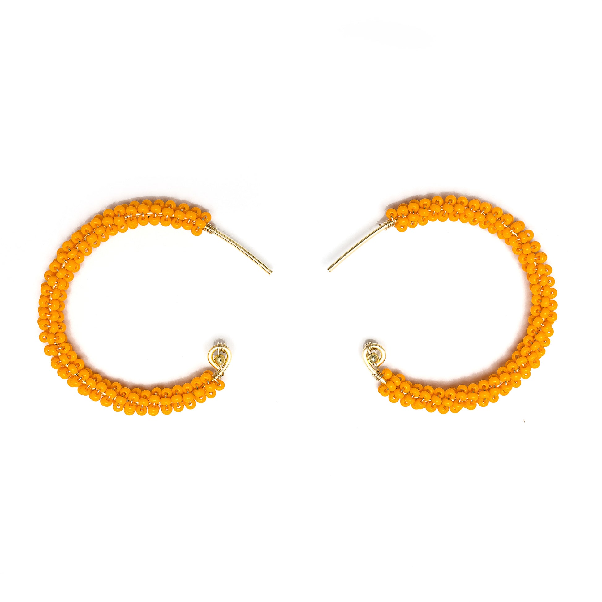 Florence gold Hoop Earrings are 1.5 inches long, Gold and Mandarin Orange Earrings. Wire Wrapped Earrings. Lightweight and comfortable earrings. Handmade for women. Open hoop earrings.