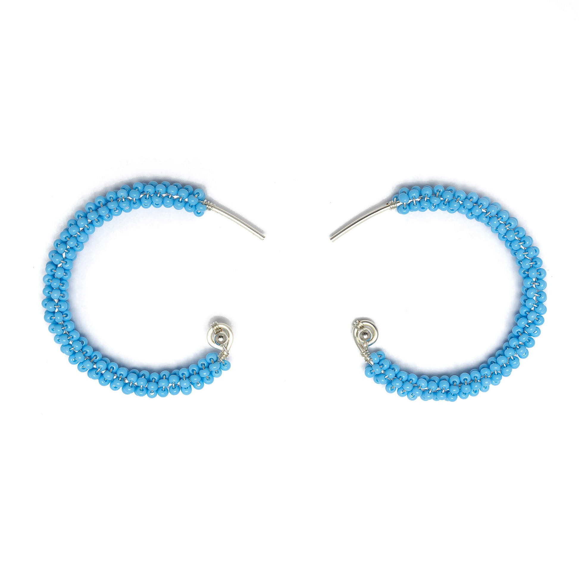 Florence Silver Hoop Earrings are 1.5 inches long, Silver and Blue Earrings. Wire Wrapped Earrings. Lightweight and comfortable earrings. Handmade for women. Open hoop earrings