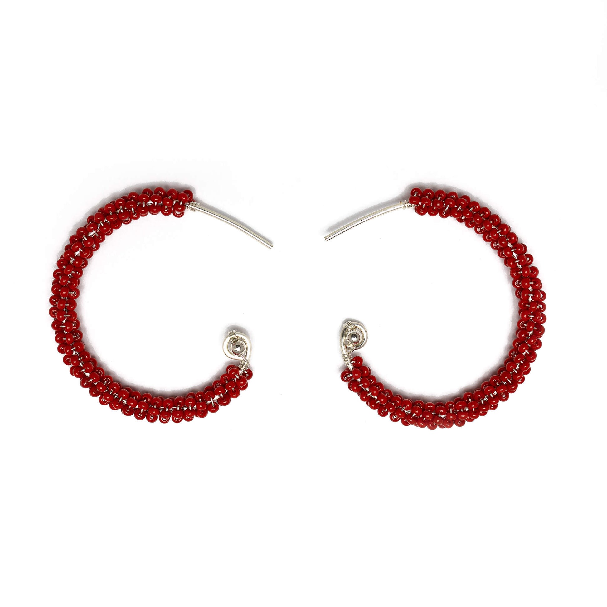 Florence Silver Hoop Earrings are 1.5 inches long, Silver and Red Earrings. Wire Wrapped Earrings. Lightweight and comfortable earrings. Handmade for women. Open hoop earrings