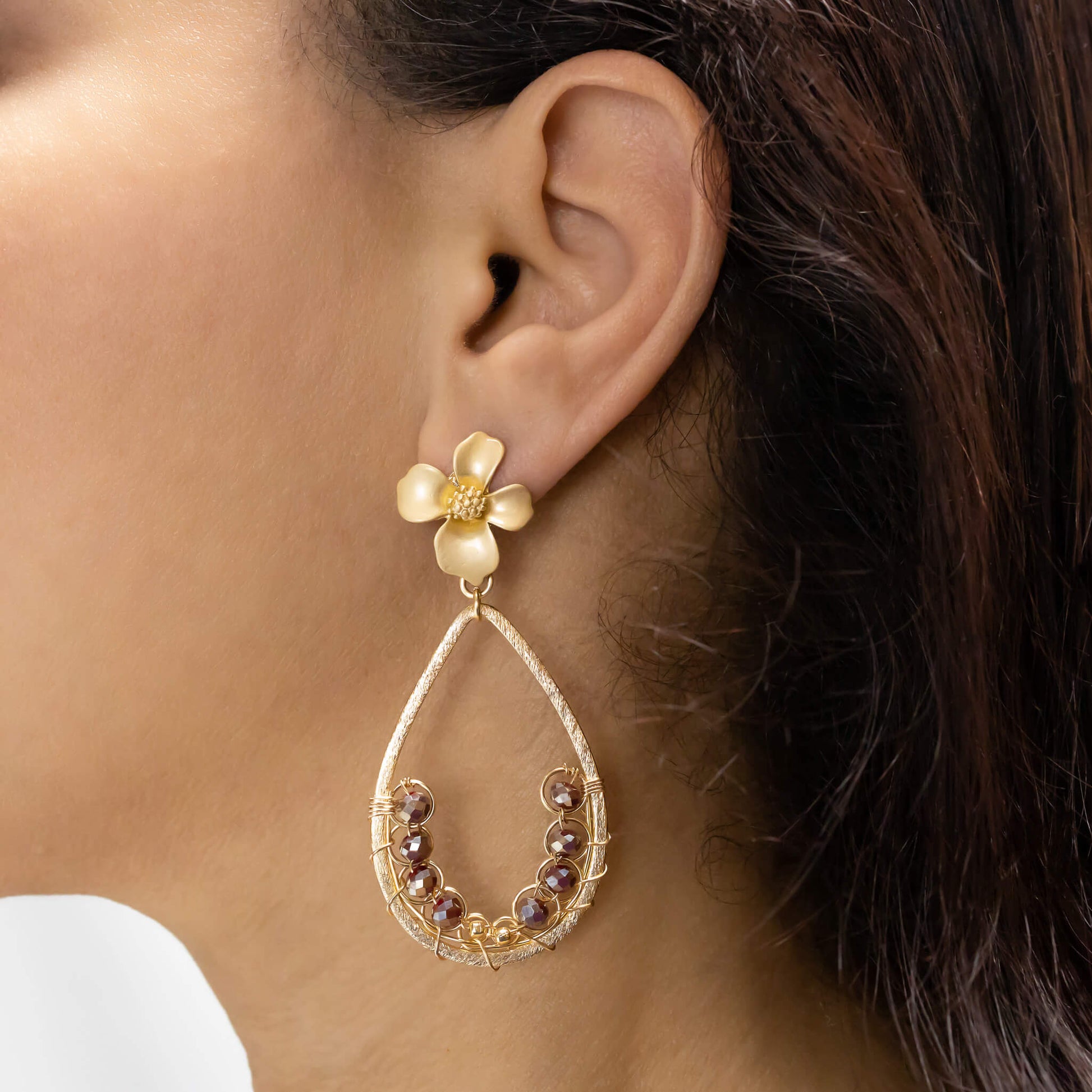 Sophia Earrings on a model. Gold Color Earrings with  Rounded Crystal Beads. Floral Stud Earrings. 
