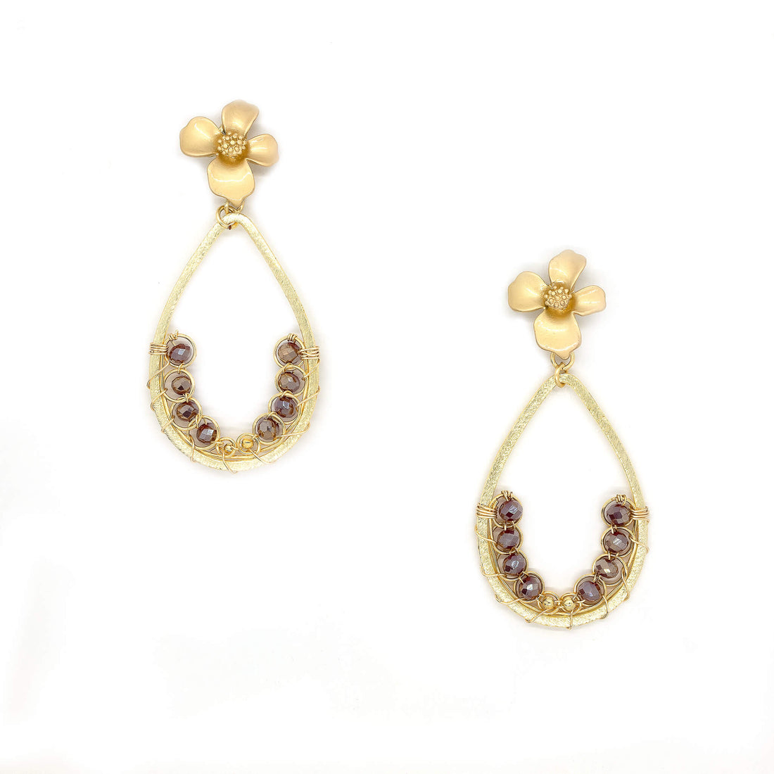 The Sophia Earrings are almost 2 inches long. Gold and Metallic pink earrings. These Beaded Teardrop Earrings are Handmade with non-tarnish wire, Crystal Beads, and a metal frame. Dangle Wire Earrings.
