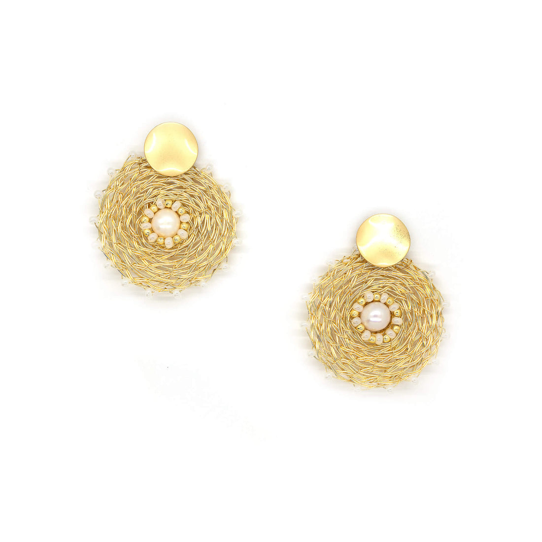The Muret Earrings are 1.5 inches long, Gold and white Earrings. Wire Wrapped Stud Earrings. Feature gold plated wire and freshwater pearls. Handmade for women. Hypoallergenic fashion round earrings.