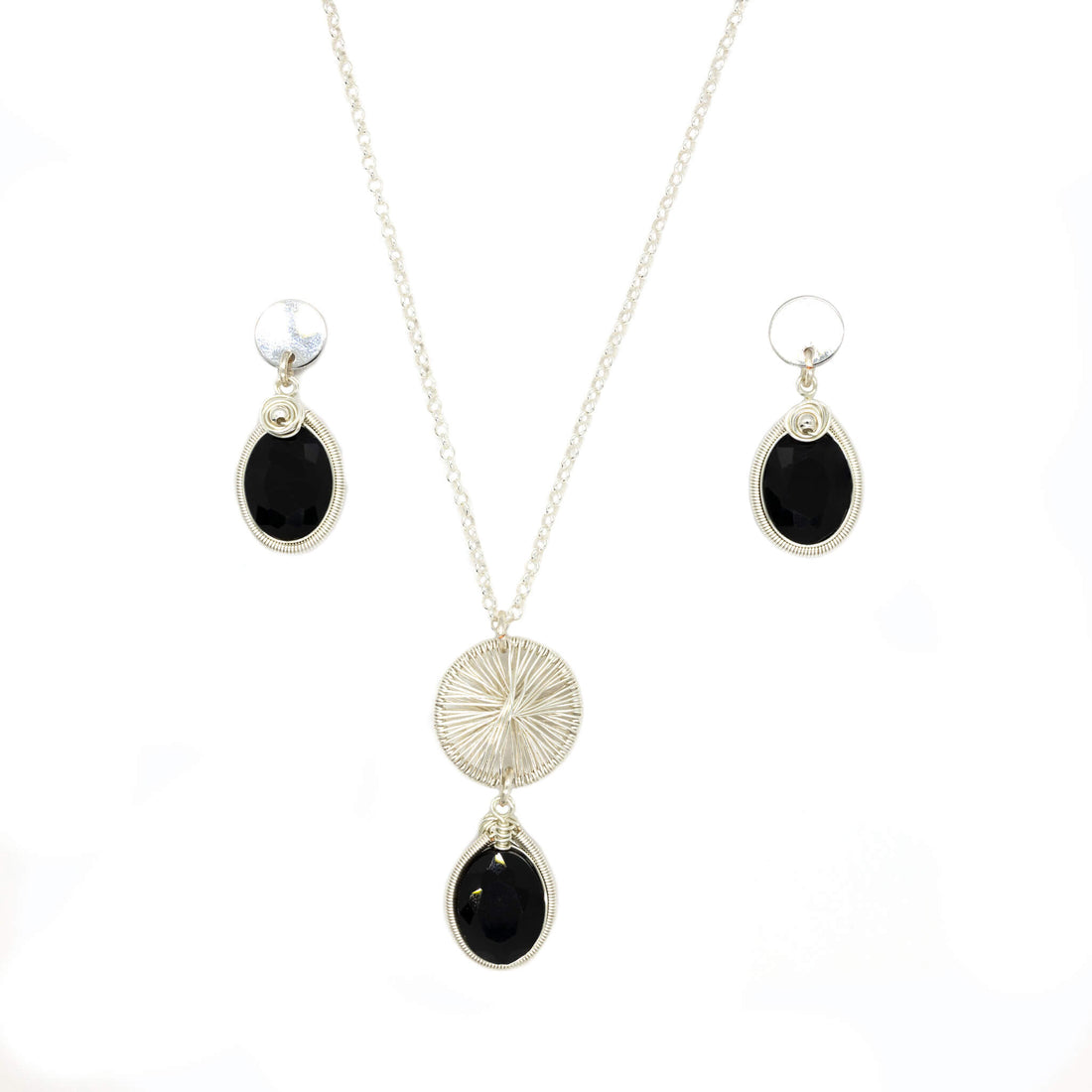 Sunshine Silver Pendant Necklace  Black Crystals and Silver Necklace. 9.25 Sterling Silver Chain.