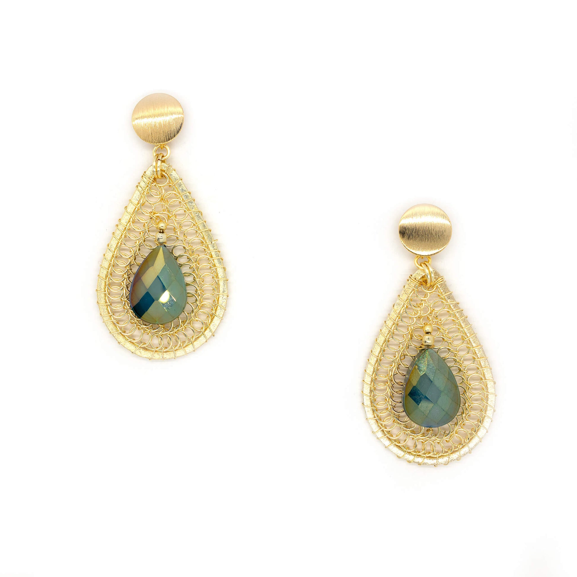 Crystal Dangle Earrings. The Devasshree Earrings. Gold Teardrop Dangle Earrings. Green Crystals.
