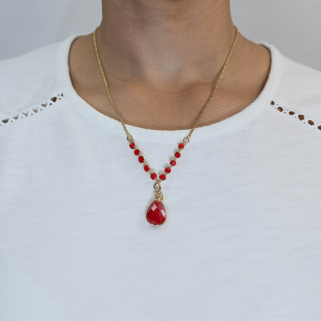 Victoria Necklace/Earrings Set. Red and Gold Set. Feature 16 inches with 2 inches extender 22K Gold Plated Chain, gold plated wire, and sparkling crystal beads. Handmade.