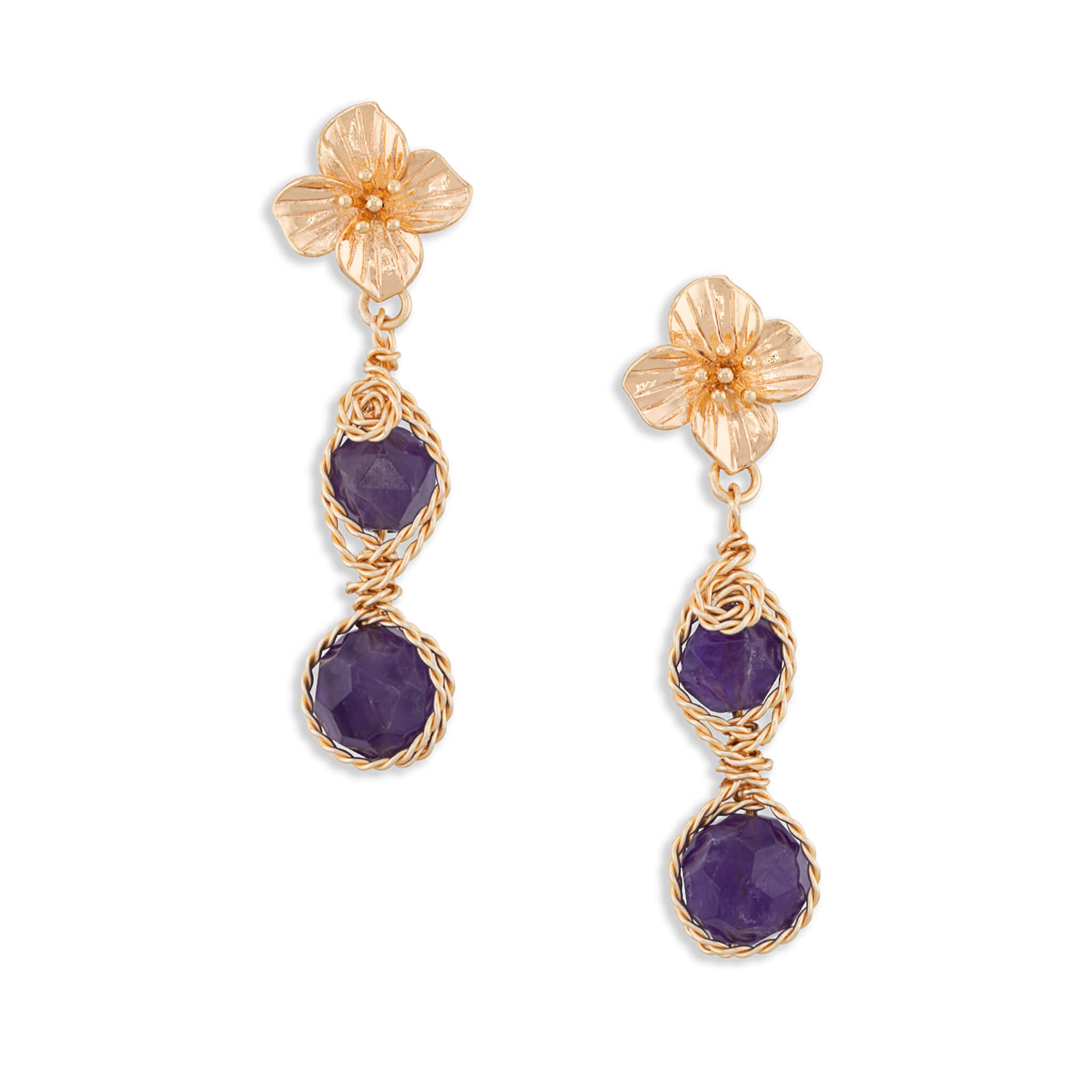 Gold amethyst flower drop earrings with wire-wrapped purple faceted gemstones and floral tops on white background