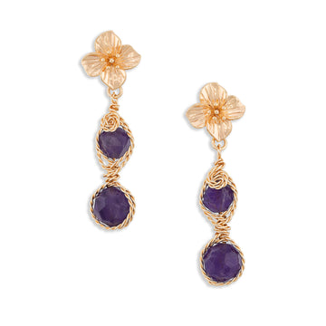 Gold amethyst flower drop earrings with wire-wrapped purple faceted gemstones and floral tops on white background