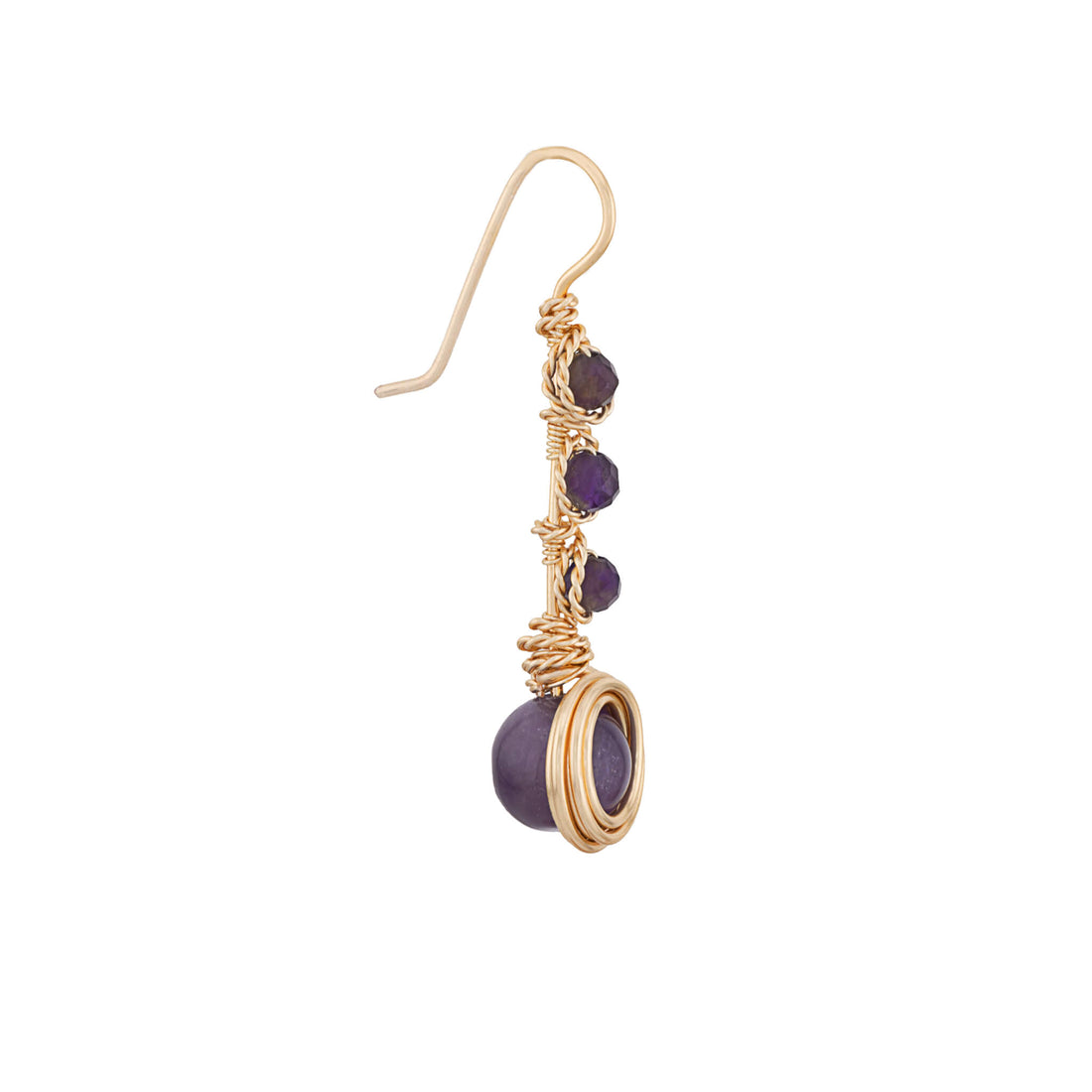 Pair of handmade gold wire-wrapped long cascade earrings featuring purple amethyst gemstones, displayed on a clean white studio background.