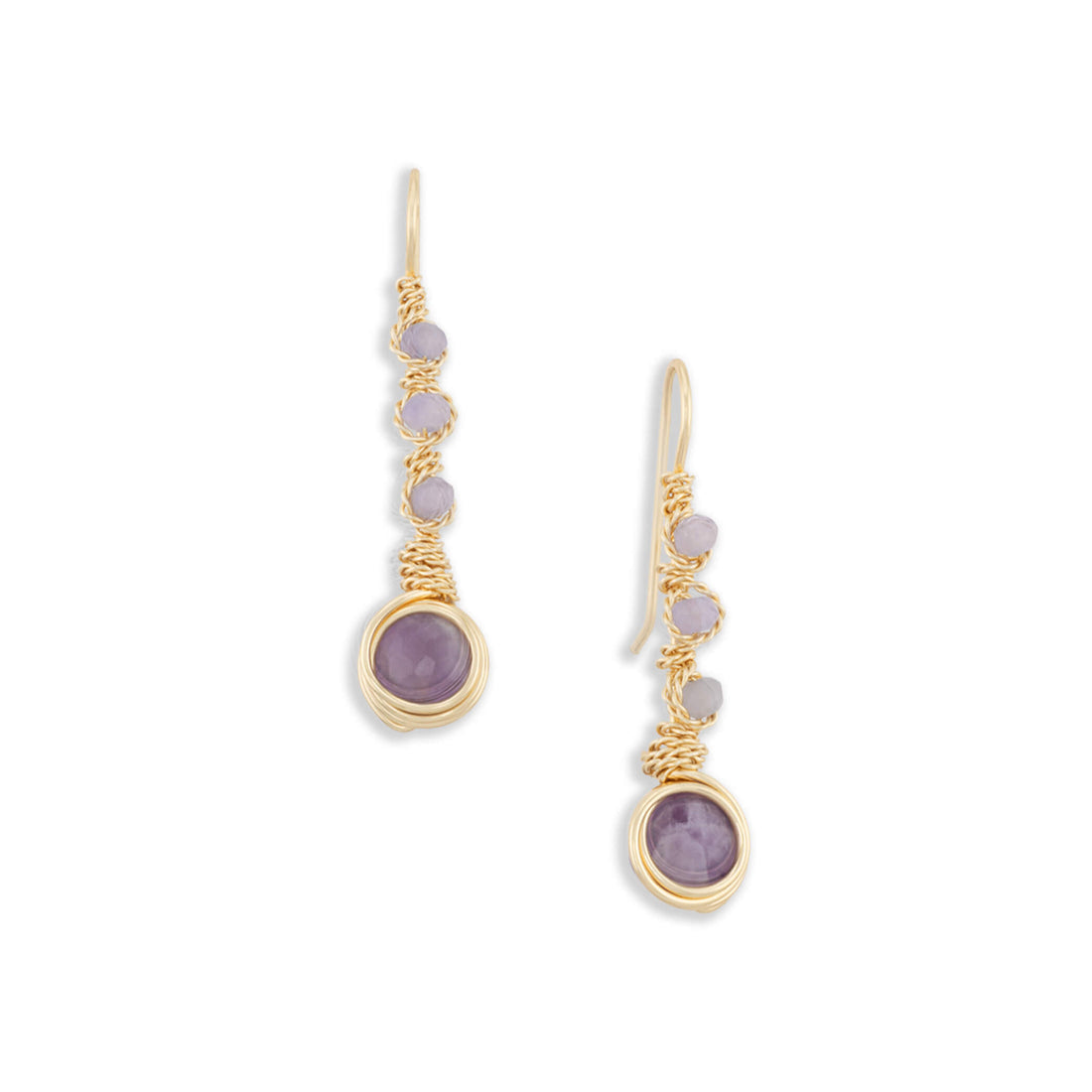 Pair of handmade gold wire-wrapped long cascade earrings featuring purple amethyst gemstones, displayed on a clean white studio background.
