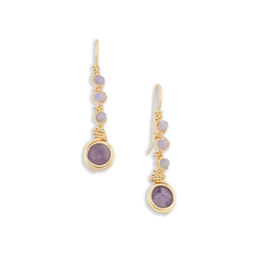 Pair of handmade gold wire-wrapped long cascade earrings featuring purple amethyst gemstones, displayed on a clean white studio background.