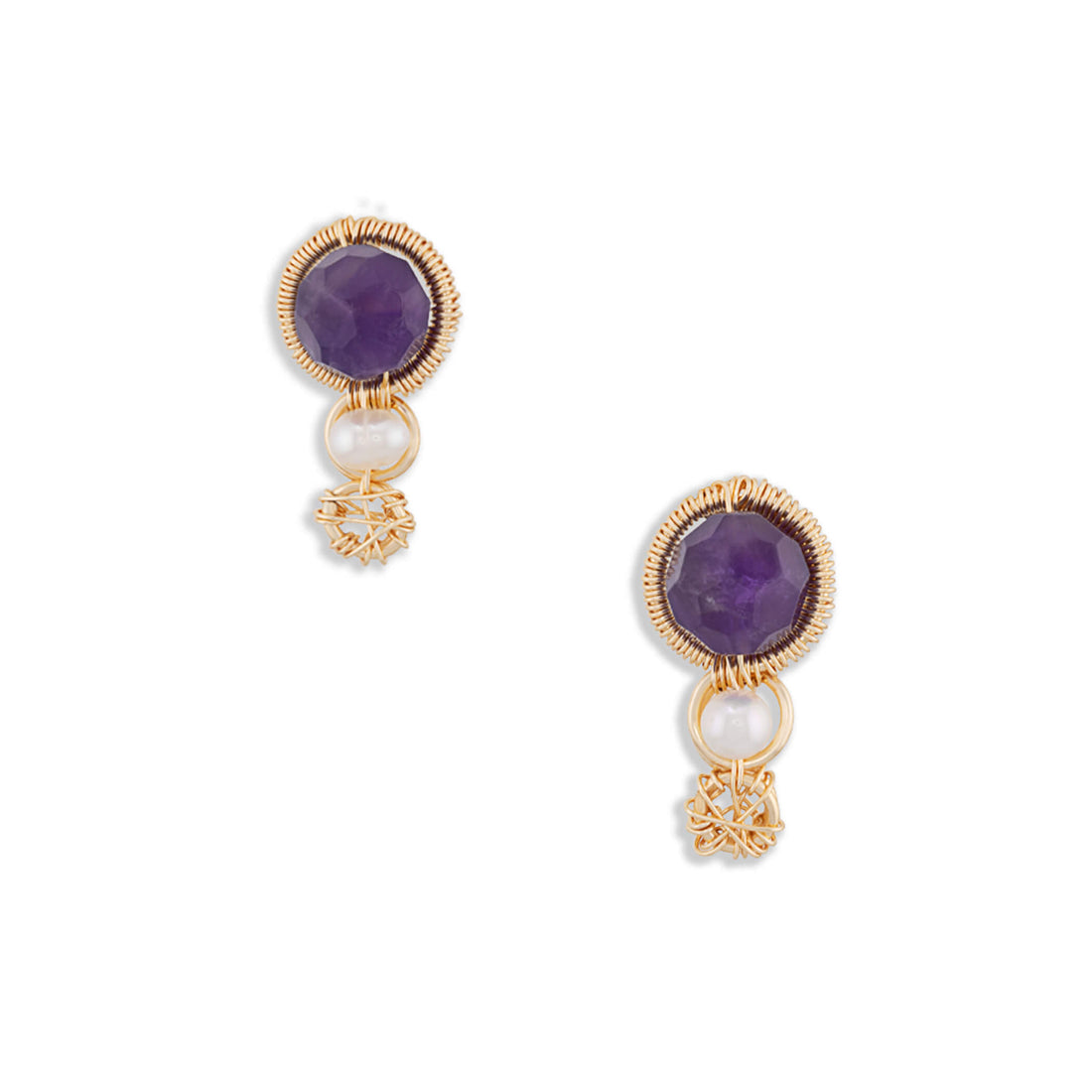 Pair of handcrafted amethyst pearl drop earrings showing a round purple amethyst stud with a coiled wire halo, a central freshwater pearl drop, and a tiny woven wire cluster on a white background.