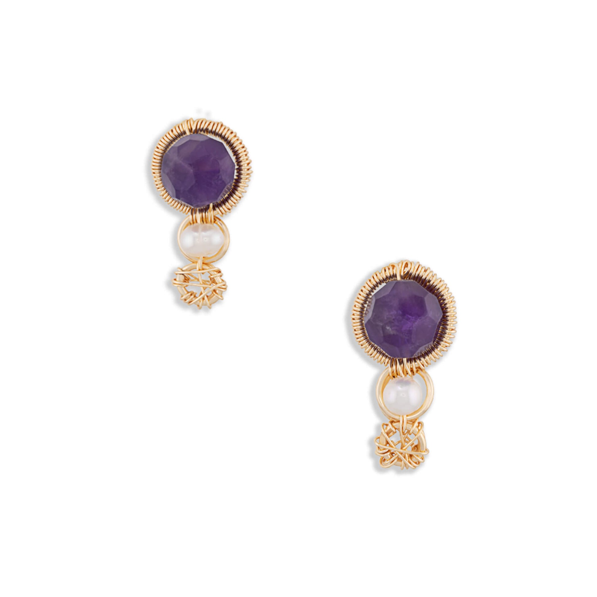 Pair of handcrafted amethyst pearl drop earrings showing a round purple amethyst stud with a coiled wire halo, a central freshwater pearl drop, and a tiny woven wire cluster on a white background.