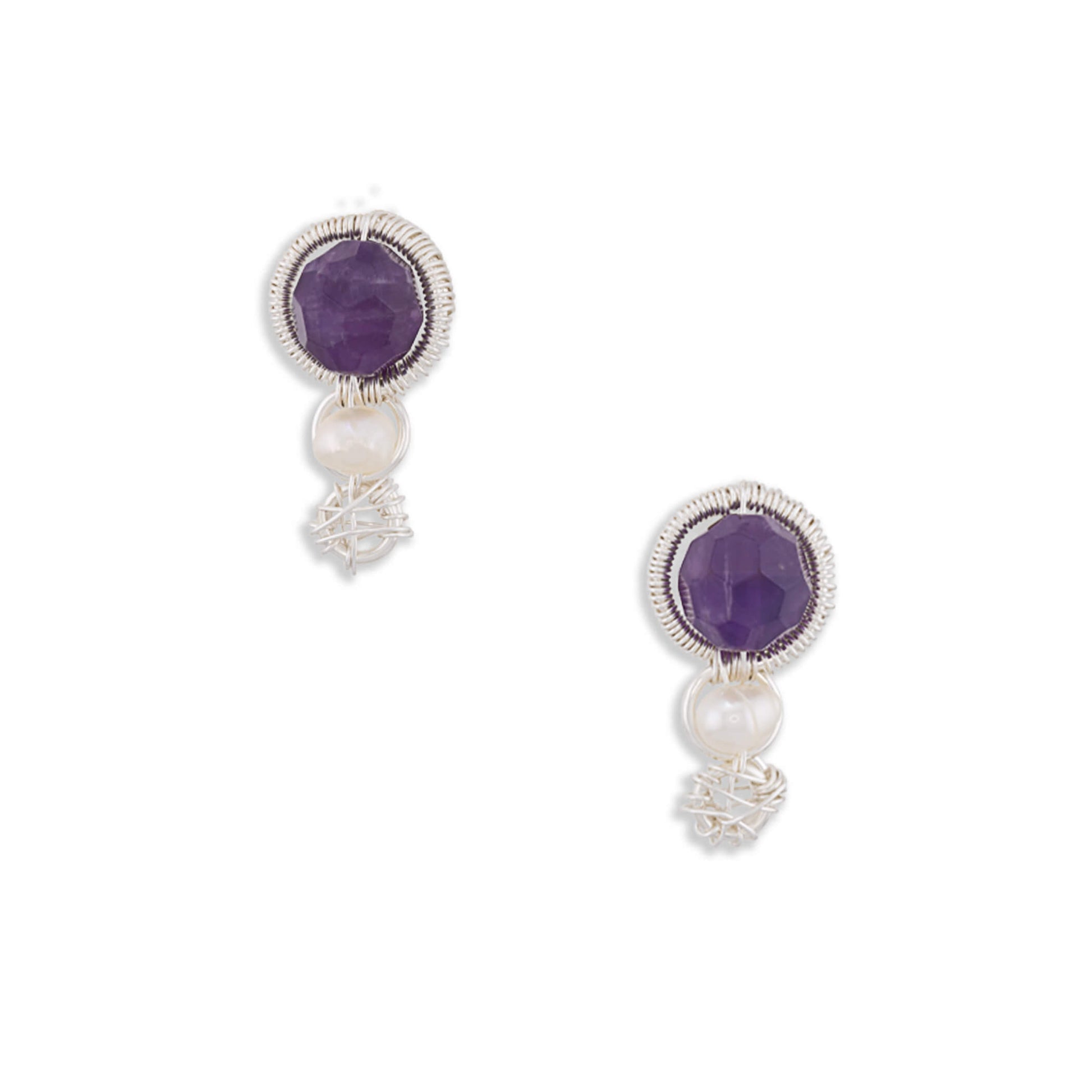 Pair of handcrafted wire-wrapped silver  amethyst and pearl drop earrings by Kazel & Co. Deep purple amethyst stone with freshwater pearl and silver wire charm, on white background.
