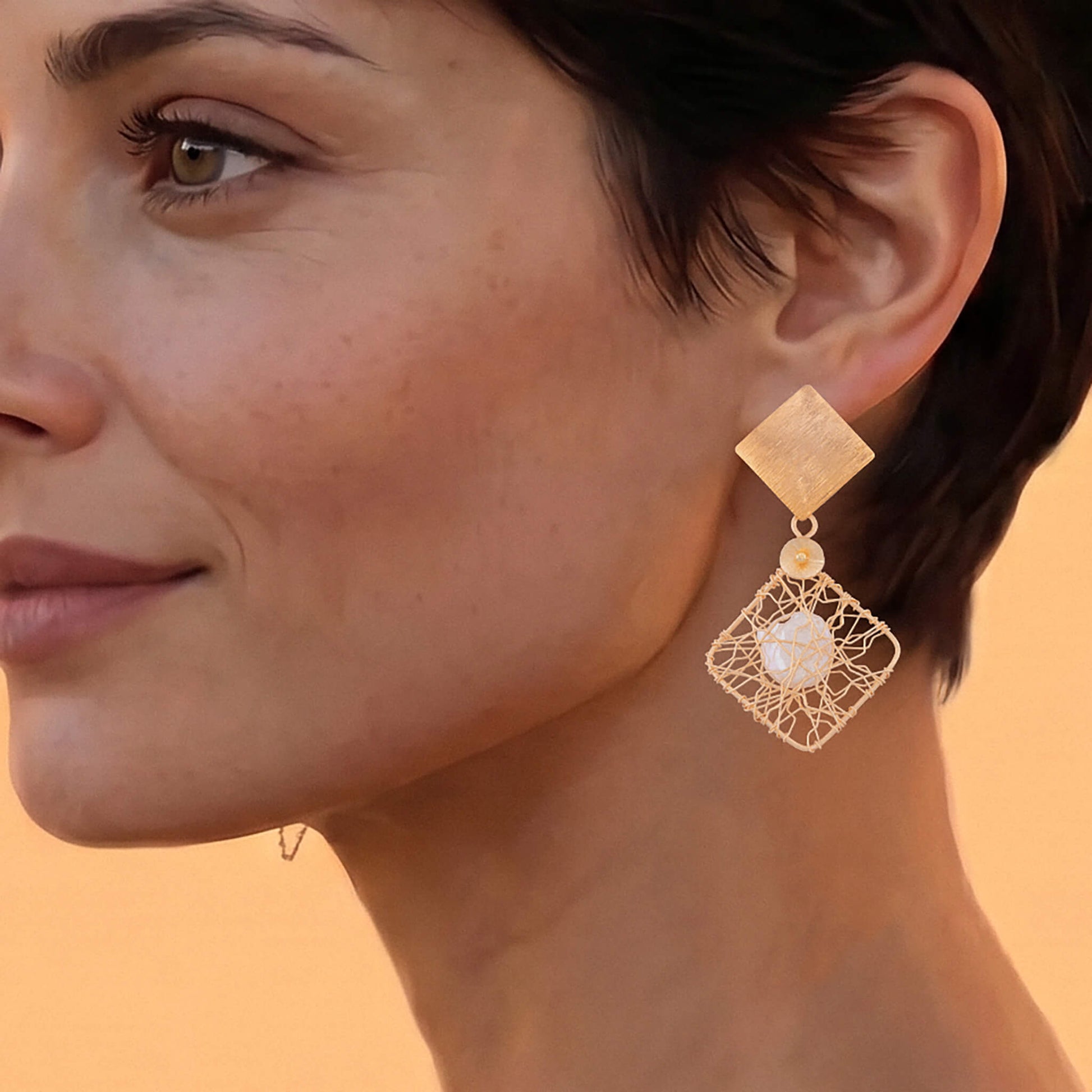 Close-up of gold pearl geometric earrings with freshwater pearl center and wire-wrapped square drop worn on ear. The Nisha earrings.