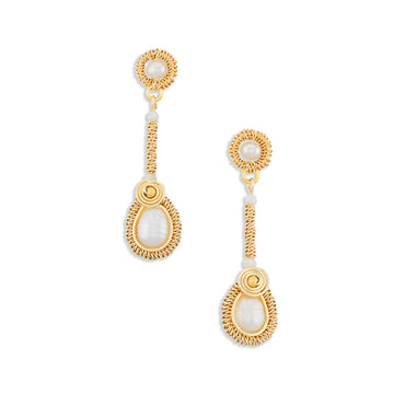 Gold wire-wrapped freshwater pearl drop earrings with halo studs, linear columns, and teardrop pearl drops