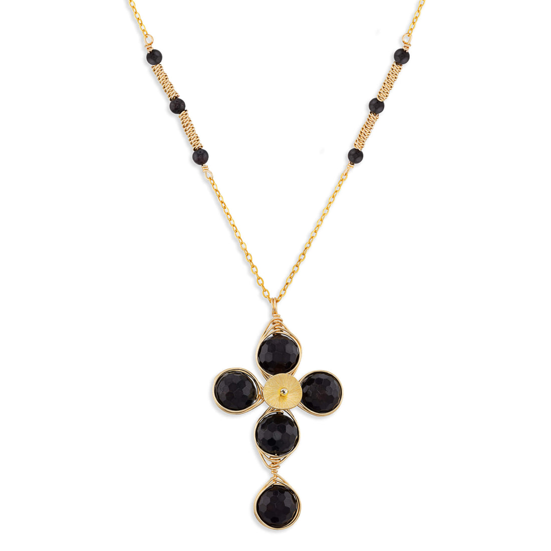 Garnet cross pendant necklace with faceted polished garnet beads on a 14K gold-filled chain, adjustable 16 to 18 inches