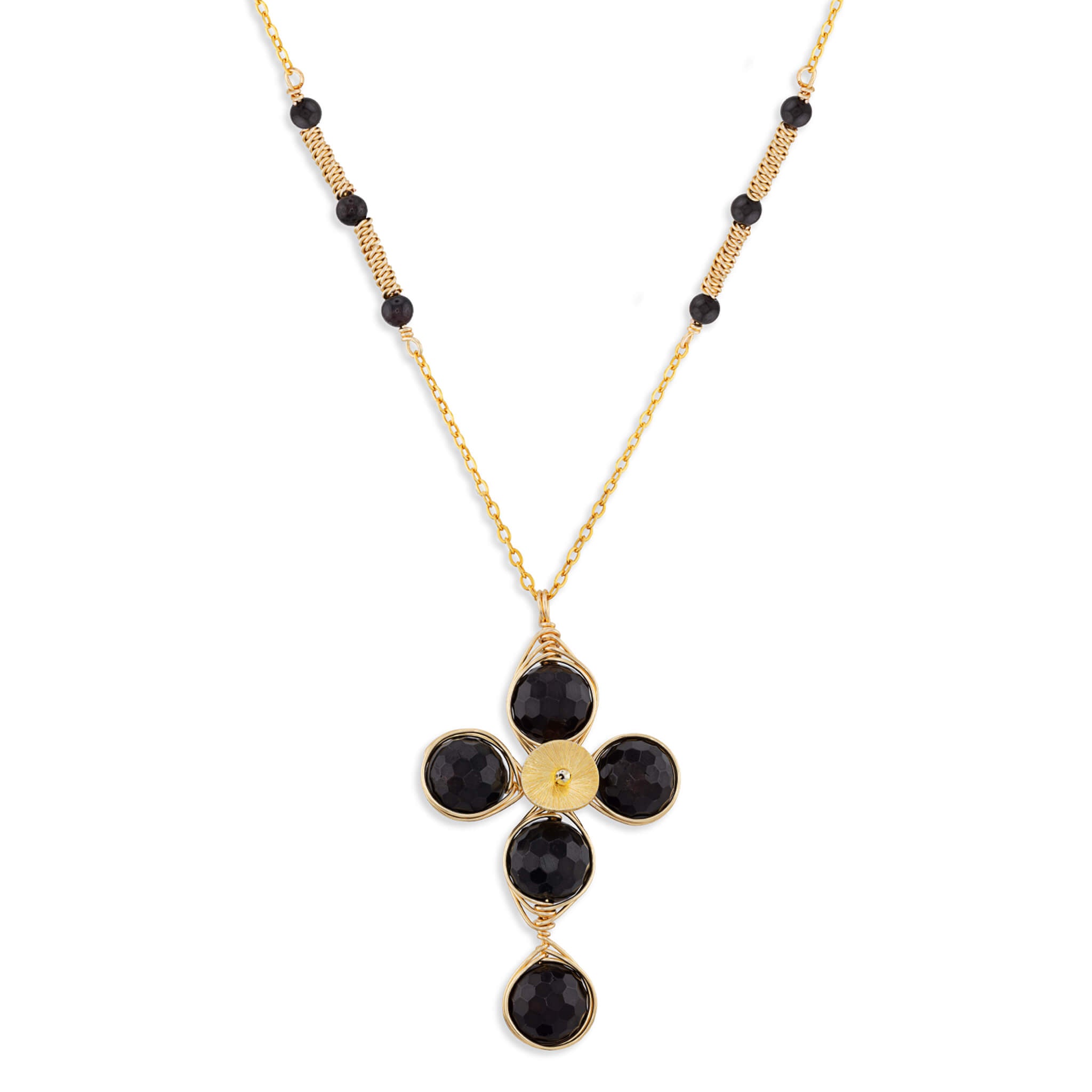 Garnet cross pendant necklace with faceted polished garnet beads on a 14K gold-filled chain, adjustable 16 to 18 inches