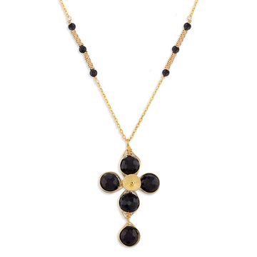 Garnet cross pendant necklace with faceted polished garnet beads on a 14K gold-filled chain, adjustable 16 to 18 inches