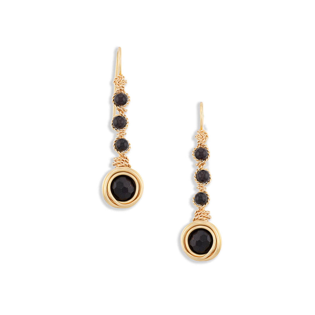 Pair of handcrafted garnet gold drop earrings showing a vertical cascade of small faceted dark red garnets ending in a larger nested round garnet sphere on a white background.