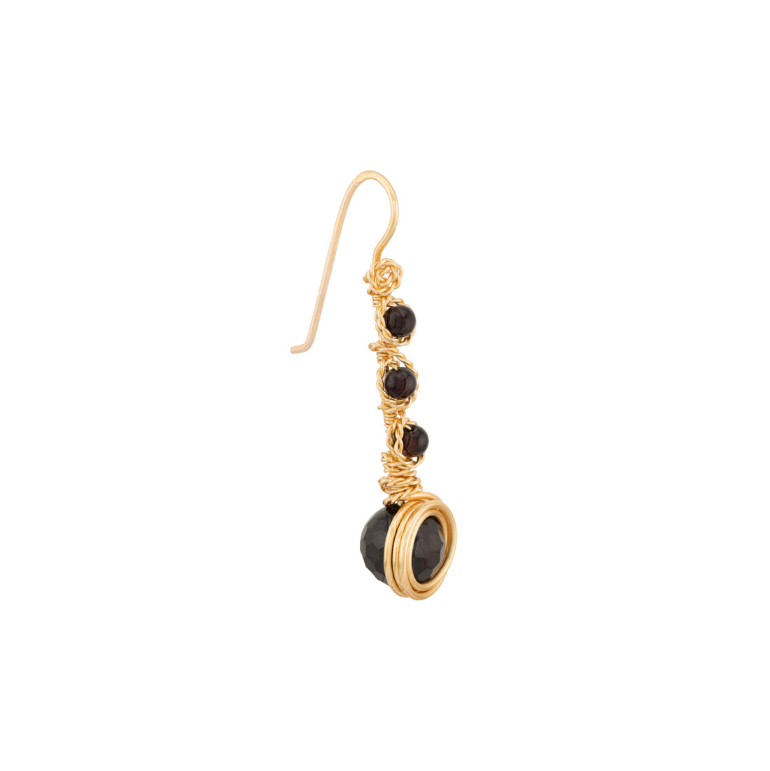 Pair of handcrafted garnet gold drop earrings showing a vertical cascade of small faceted dark red garnets ending in a larger nested round garnet sphere on a white background.
