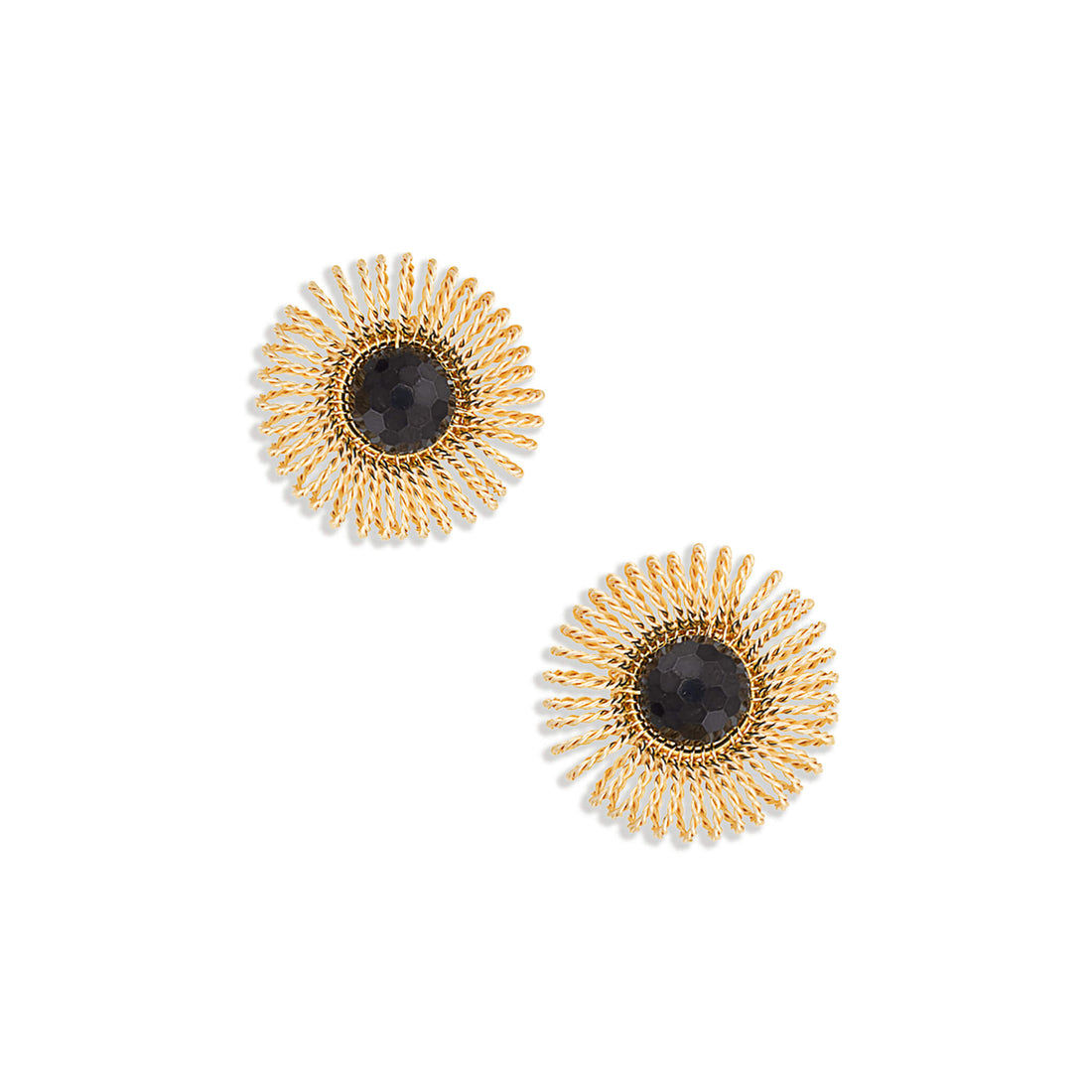 Gold garnet sunburst stud earrings with faceted dark red center stones and radiating wirework