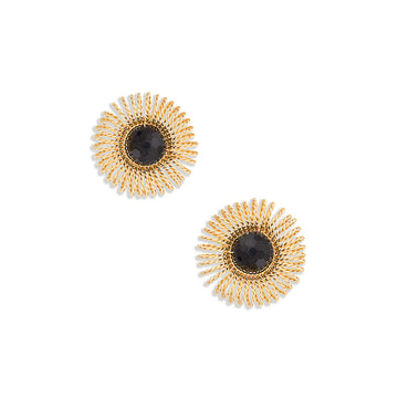 Gold garnet sunburst stud earrings with faceted dark red center stones and radiating wirework