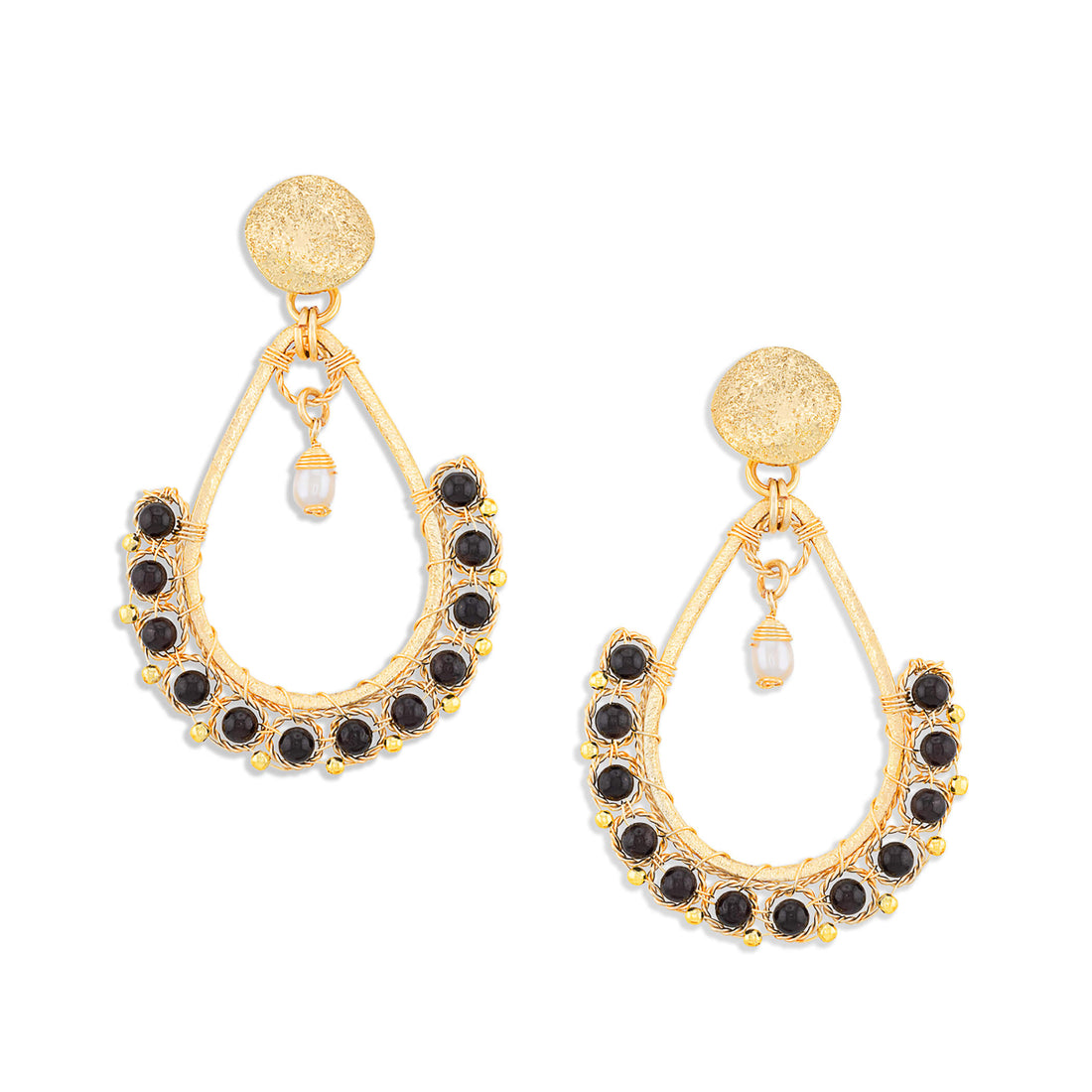 Gold garnet teardrop earrings with faceted dark red beads (garnet), pearl dangles, and detailed wirework
