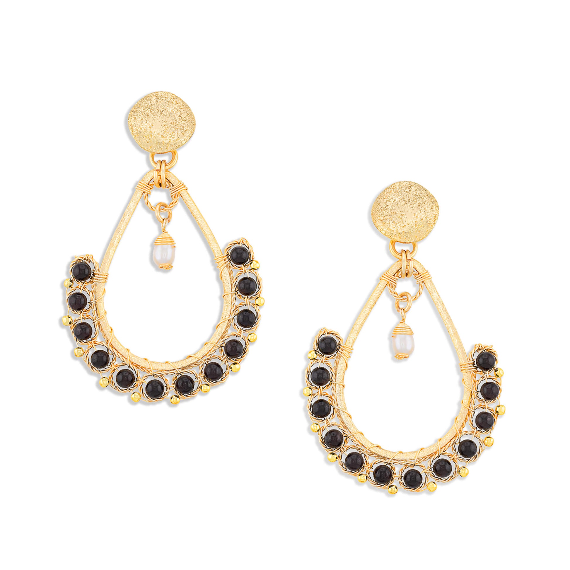 Gold garnet teardrop earrings with faceted dark red beads (garnet), pearl dangles, and detailed wirework