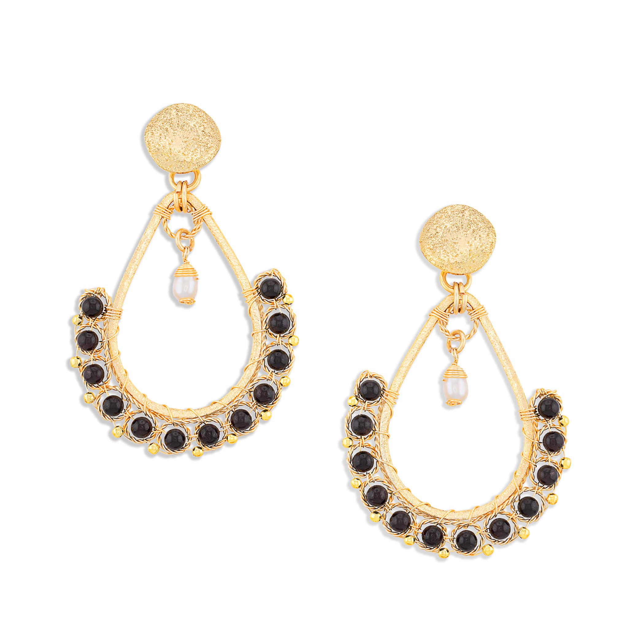 Gold garnet teardrop earrings with faceted dark red beads (garnet), pearl dangles, and detailed wirework