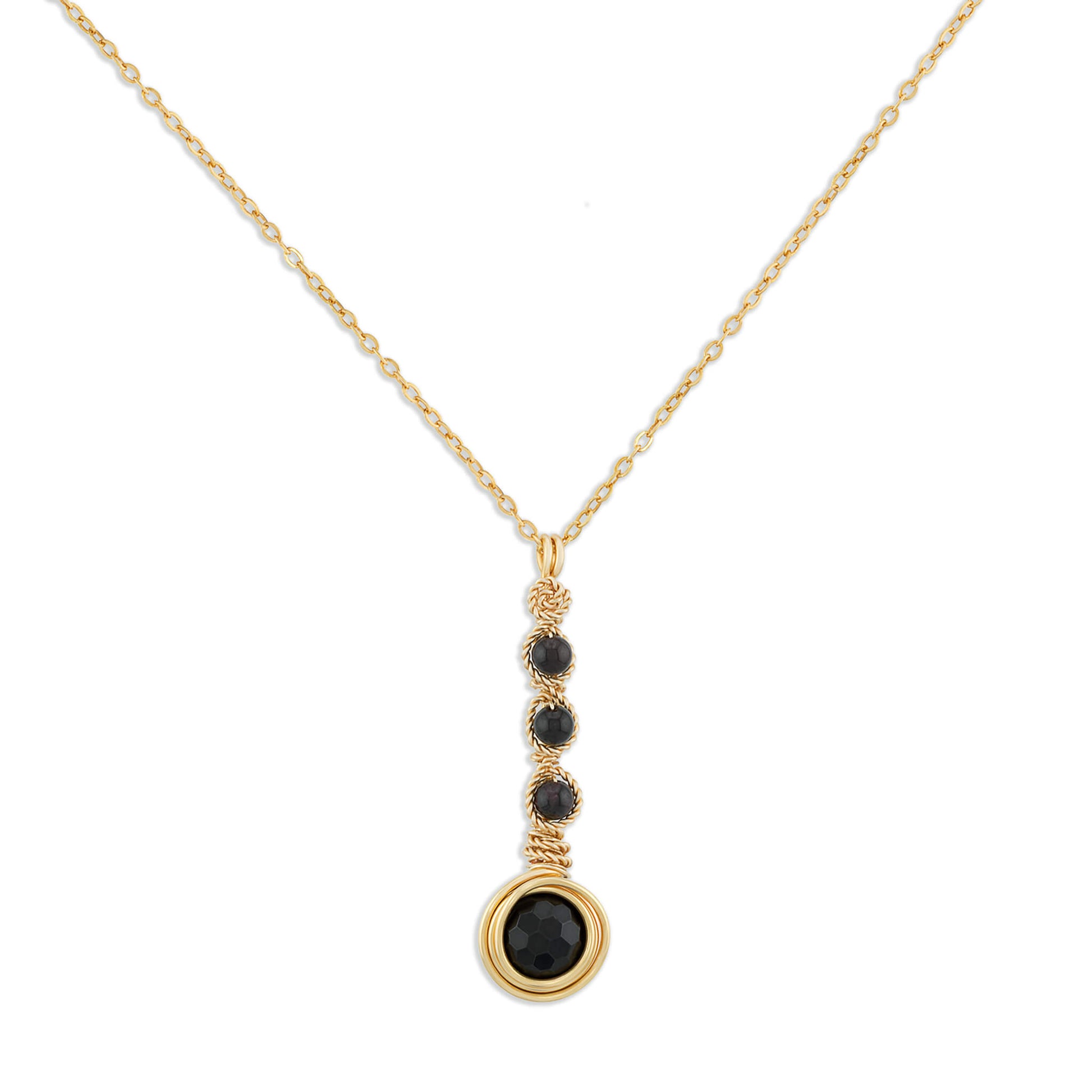Gold garnet cascade pendant necklace with four faceted stones and precision wirework