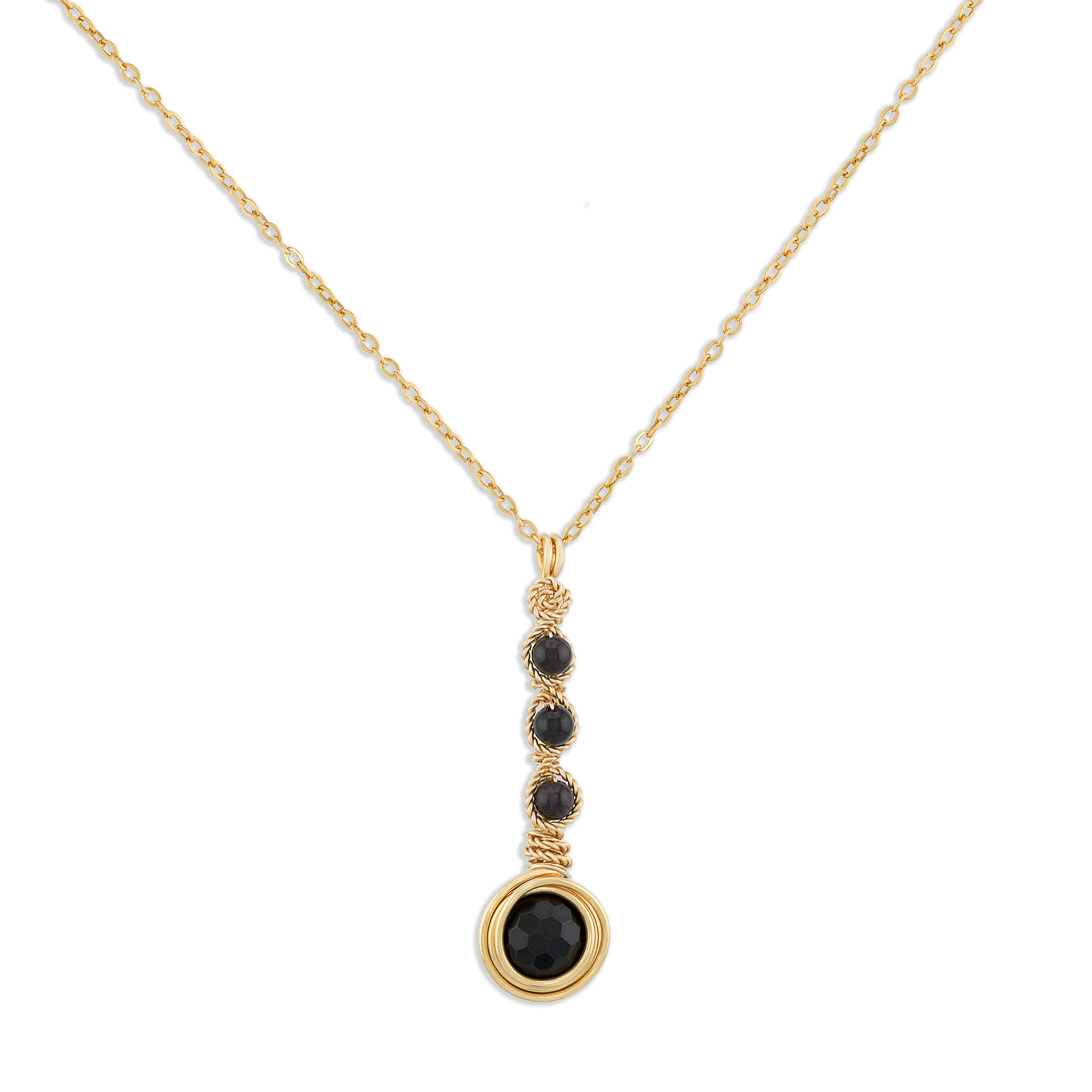 Gold garnet cascade pendant necklace with four faceted stones and precision wirework
