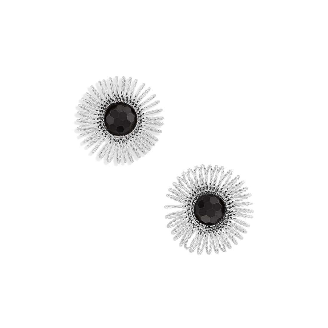 Silver garnet sunburst stud earrings with faceted dark red centers and radiating wirework