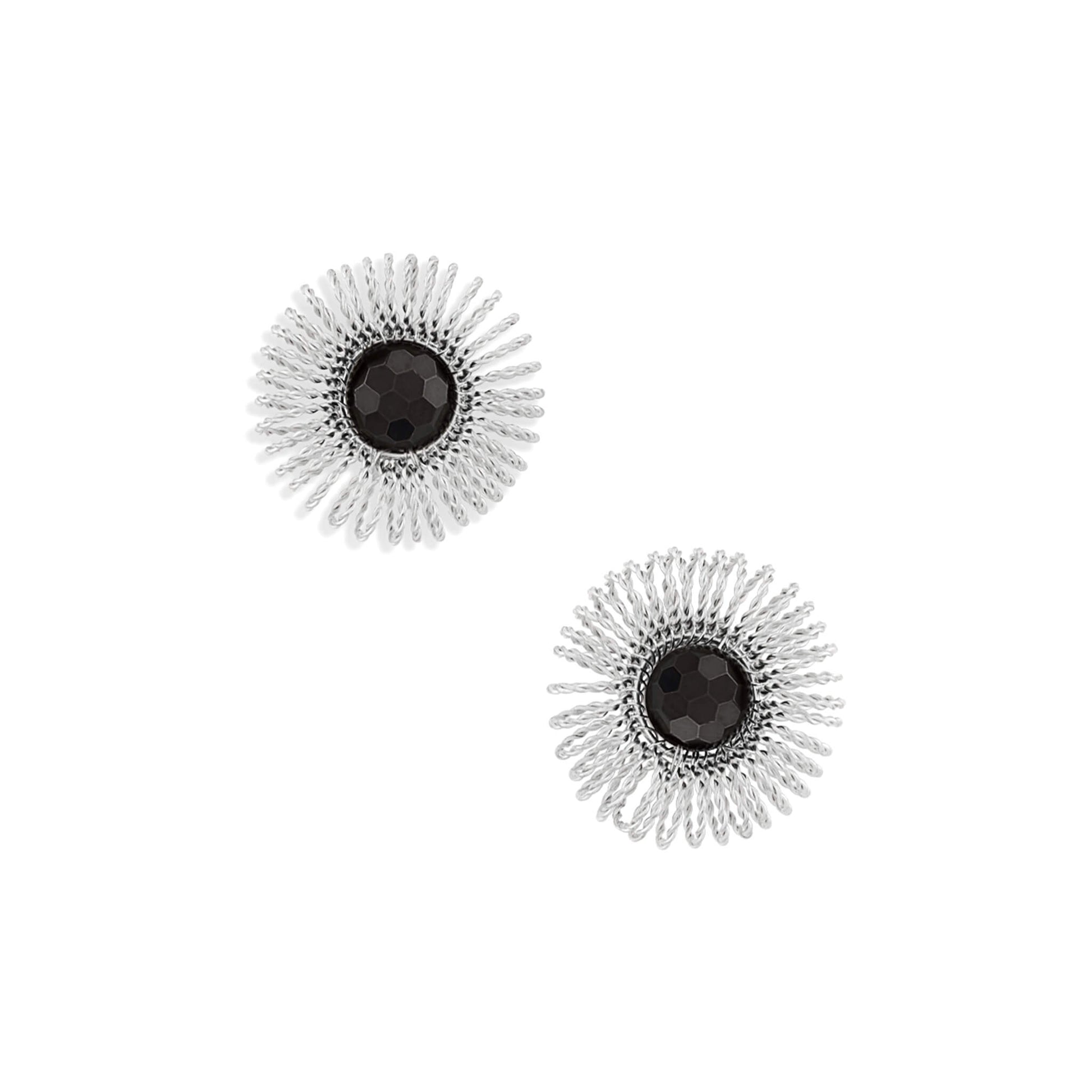 Silver garnet sunburst stud earrings with faceted dark red centers and radiating wirework