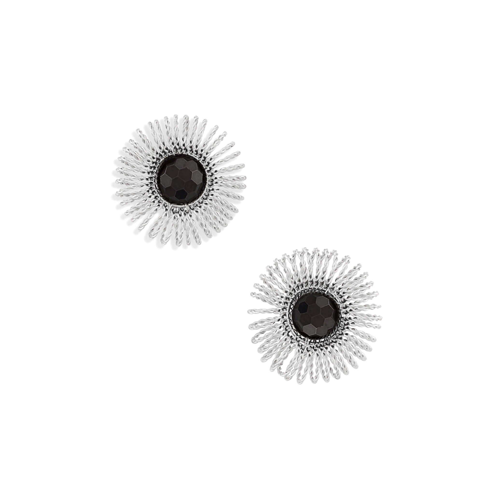 Silver garnet sunburst stud earrings with faceted dark red centers and radiating wirework