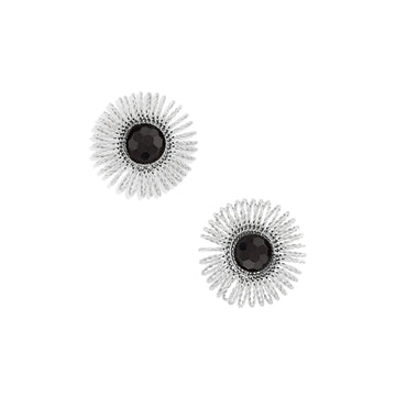 Silver garnet sunburst stud earrings with faceted dark red centers and radiating wirework