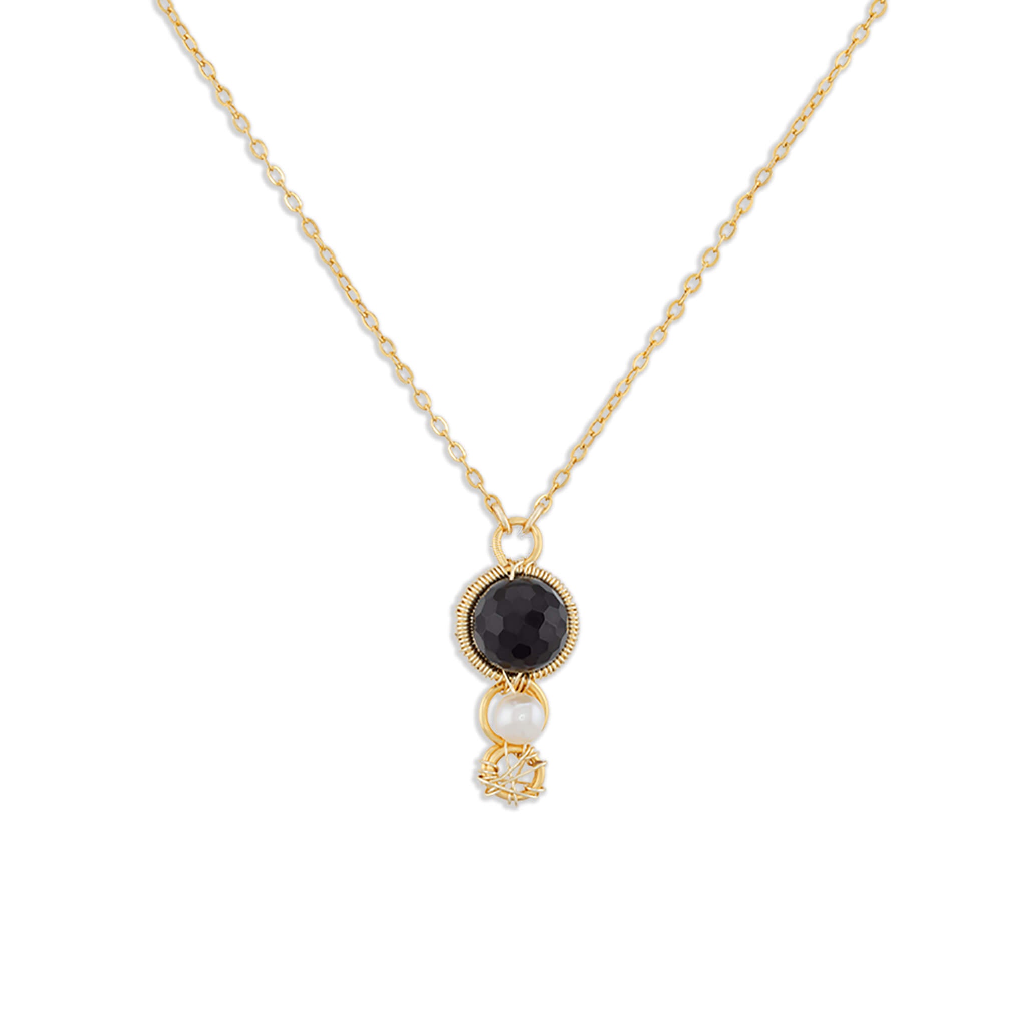 Garnet pearl pendant necklace in gold with faceted round stone and hand-woven wire