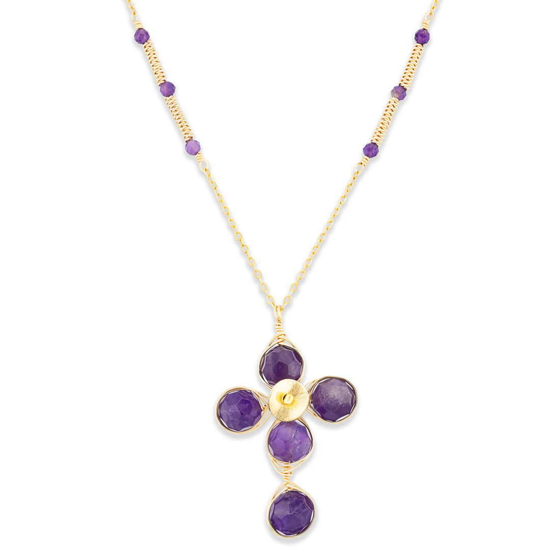 Gold amethyst cross necklace with five faceted purple stones and precision wirework