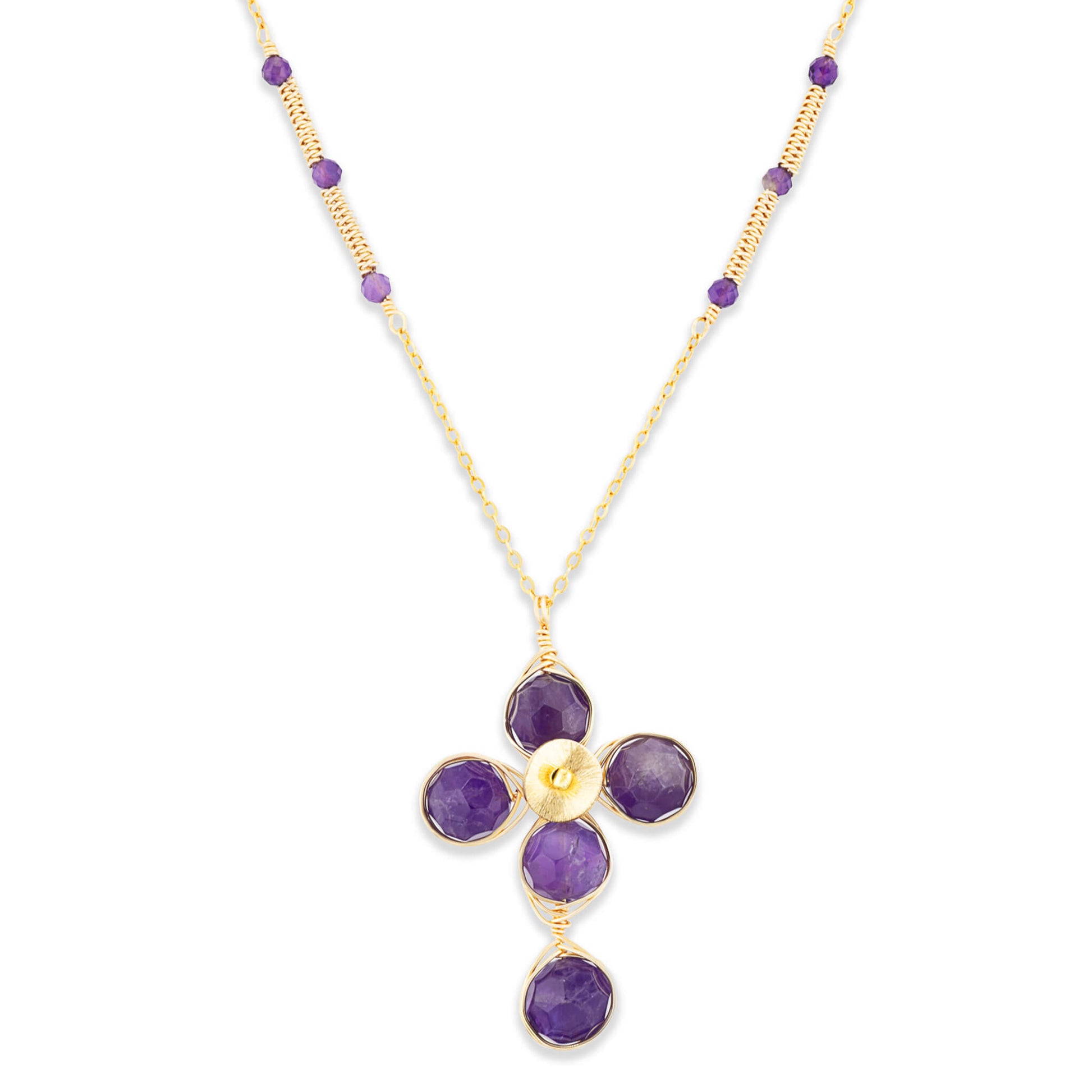 Gold amethyst cross necklace with five faceted purple stones and precision wirework