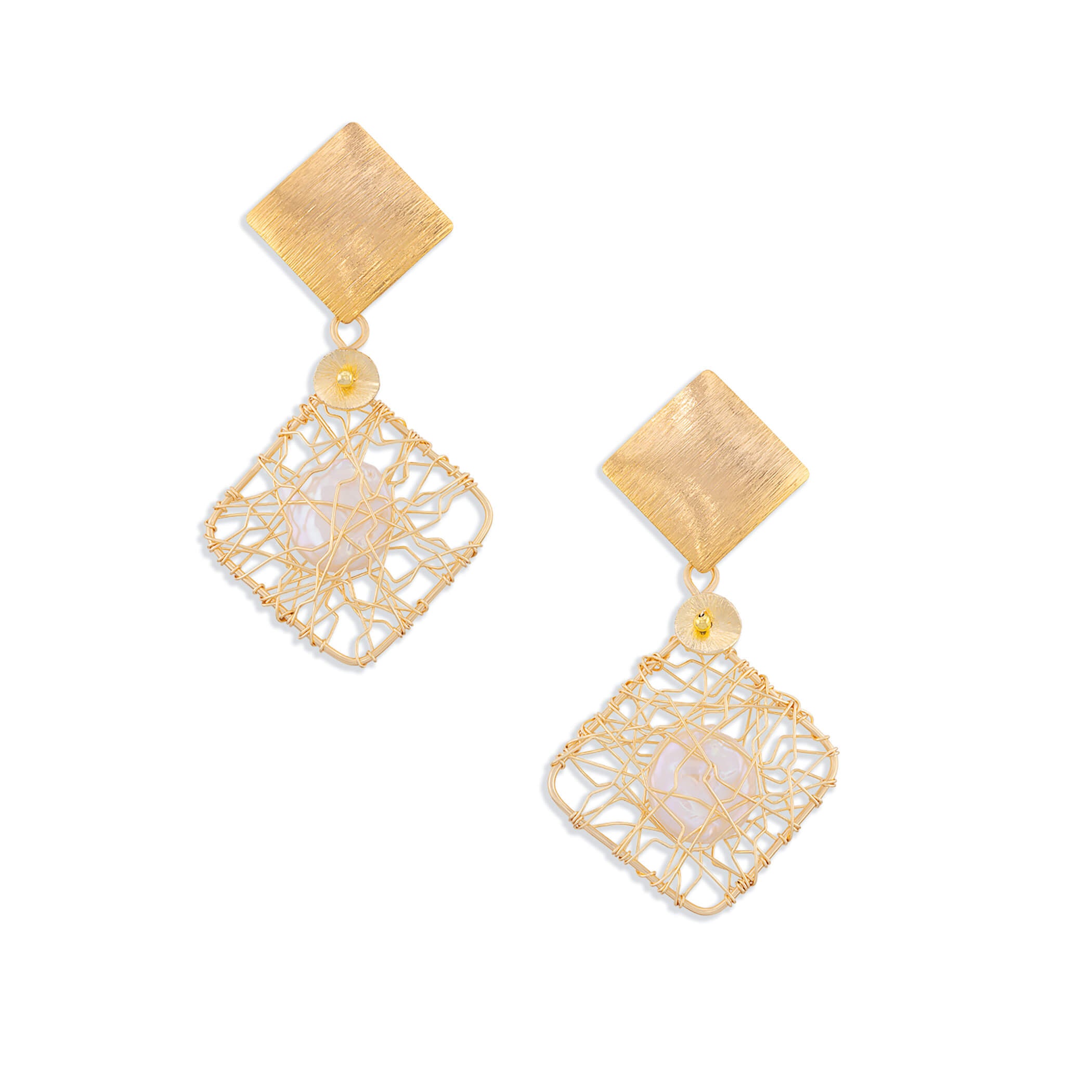 Pair of handcrafted gold geometric pearl earrings displaying a brushed square stud post suspending an open square wire-woven cage with a central freshwater pearl. The Nisha Earrings